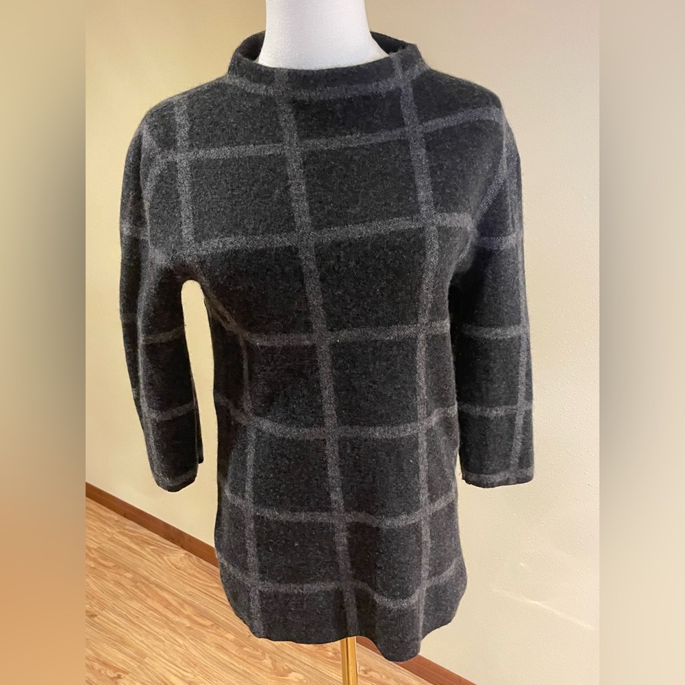 Eileen Fisher Charcoal and Light Gray Checkered Turtleneck Sweater